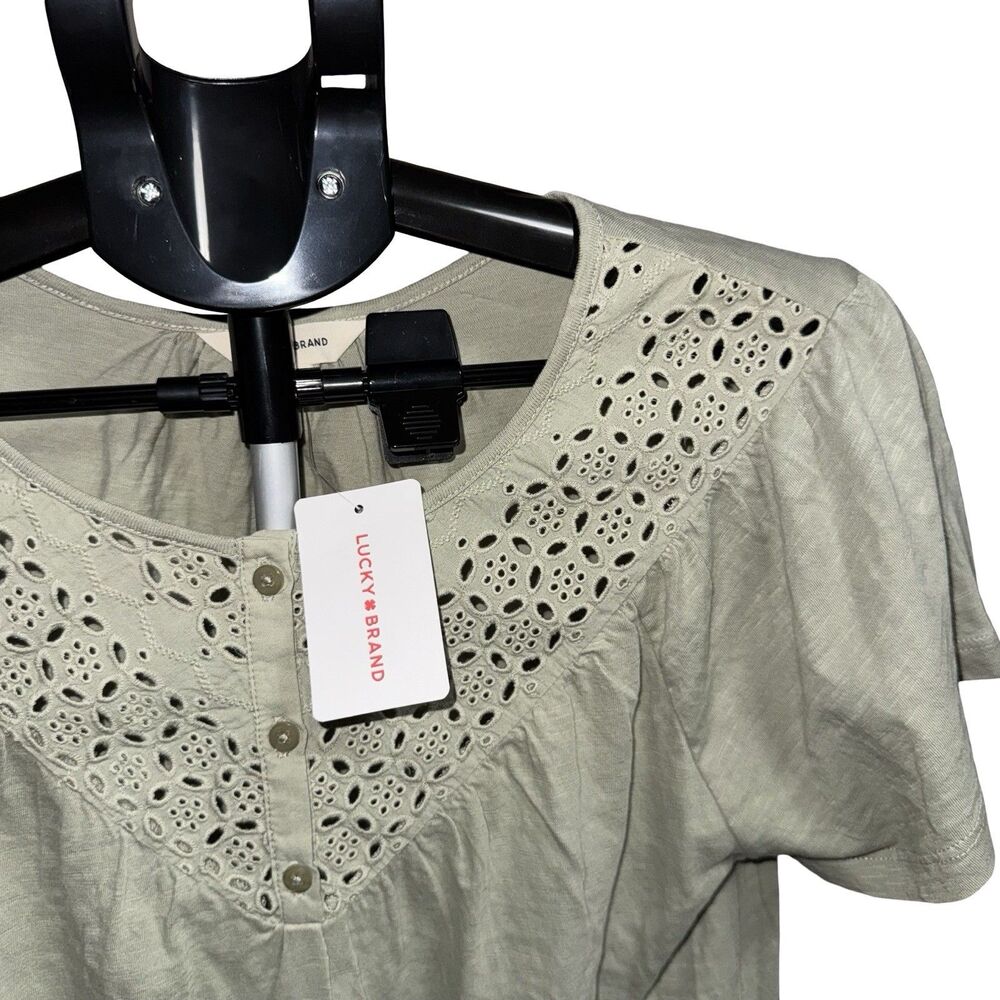 NWT Lucky Brand Top Medium Blouse Green Cotton Lace Short Sleeve Peasant Boho - Picture 4 of 14